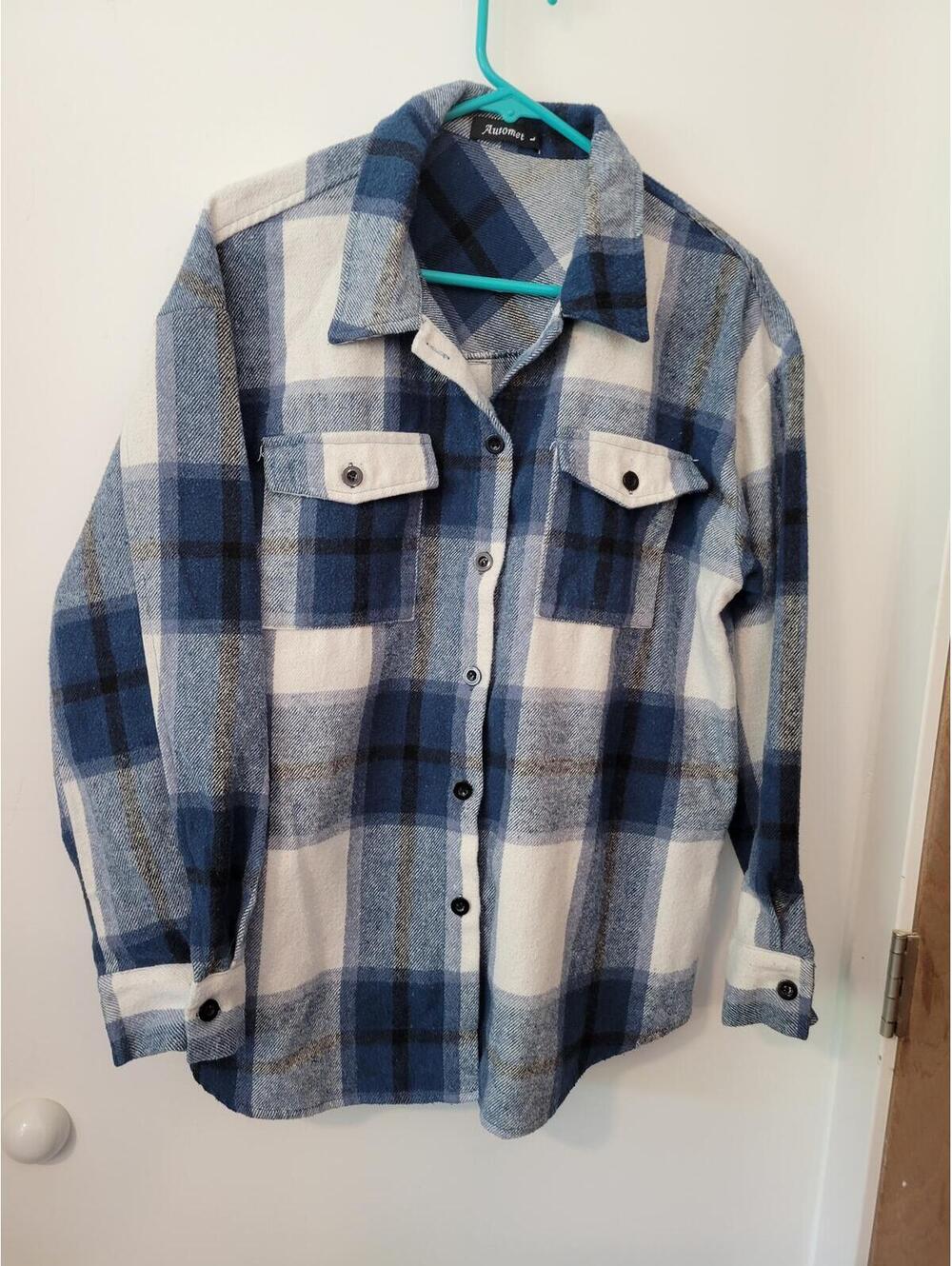 Automet Blue and White Plaid Flannel Shirt Jacket